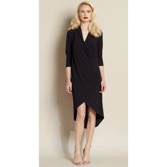 Clara Sun Woo Women's Size XL Black Drape Crossover Tulip Midi Dress Minimalist - Picture 3 of 12